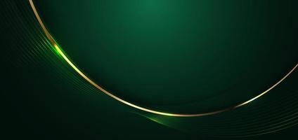 Abstract 3d gold curved line on dark green background with lighting effect and sparkle with copy space for text. vector