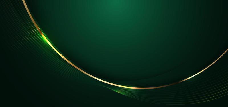 Abstract 3d gold curved line on dark green background with lighting effect and sparkle with copy space for text.