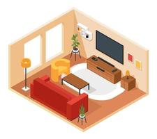 Isometric living room. Lounge interior with furniture sofa, chair, tv, coffee table, plant, carpet. Apartment or house room decor vector concept