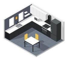 isométrica cocina. moderno cocina habitación interior con mueble y accesorios. refrigerador, horno, microonda, mesa, sillas. 3d vector interior