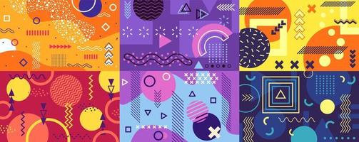 Memphis background. Funky abstract cover with geometric shapes and patterns. Fun pop art retro 80s 90s style poster template vector set