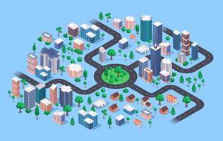 isométrica ciudad. moderno urbano paisaje urbano con edificios, Departamento casas, rascacielos, carreteras, calles, árboles, historias. 3d vector navegación mapa