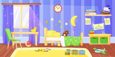 Kids bedroom. Cartoon preschool child bedroom interior with furniture and toys. Children room, nursery for boy or girl vector illustration