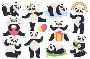 linda panda. dibujos animados gracioso pandas comiendo bambú, durmiendo, sesión, participación globos contento asiático osos mascota en diferente poses vector conjunto