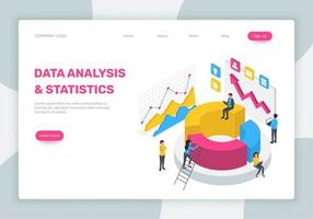 datos análisis aterrizaje página. 3d isométrica Estadísticas concepto con computadora portátil, diagramas, cartas analistas equipo trabajando con datos vector web diseño