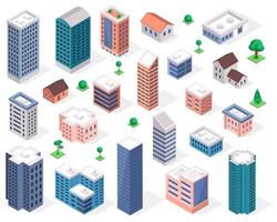 Buildings 3d. Isometric modern urban building, skyscraper, residential house, apartment, office, shop or store, bank. City architecture vector set