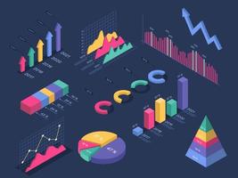 Isometric infographics. Pie chart, circle graph, histogram, pyramid diagram, growth progress bar. 3d infographic charts for presentation vector set