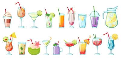Summer drinks. Non alcoholic tropical cocktails, lemonades, smoothies, fresh juices, water with ice. Cold beverages for summer party vector set