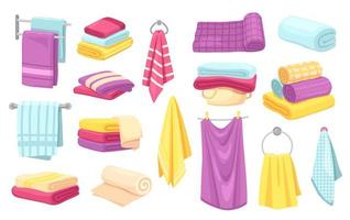 Bath towels. Cartoon folded towel, hanging cloth, rolled fabric. Kitchen or bathroom textile, cotton clothing materials isolated vector set