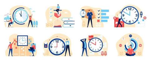 Time management. Productive business people organizing their time. Effective work planning, multitasking concept with clocks and hourglass vector set