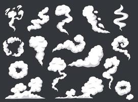 dibujos animados fumar. cómic vapor nube, neblina, niebla tóxica. gas vapores explosión, explosión polvo. niebla y nubes explosión, vapores o vapores explotar efecto vector conjunto