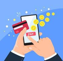 Phone payment. Paying online in shopping app checkout page. Holding smartphone with credit card. Mobile banking, money transaction vector concept