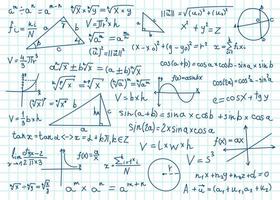 garabatear matemáticas fórmulas escrito matemático ecuaciones, esquemas en cuaderno cuadrado papel. álgebra o geometría cálculos vector conjunto