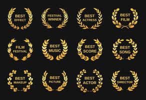 Movie award. Golden film awards, best director winner rewards. Cinema festival nomination emblems, gold laurel wreath winners logo vector set