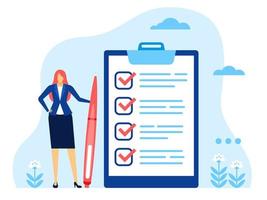 Businesswoman checklist. Successful woman with completed checklist. Business task completion, checkbox questionnaire vector concept