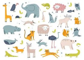 Scandinavian animals. Cute rabbit, elephant, turtle, tiger, owl, crocodile. Childish hand drawn animal doodle for kindergarten, nursery vector set