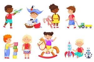 Kids playing with toys. Cartoon children play with rocket, bunny. Kindergarten girl on rocking horse. Boys and girls having fun vector set