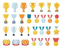 Trophy award. Sports games golden cup championship winner reward. First place trophy cups. Gold, silver, bronze medals or badges vector set
