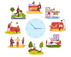 Man routine. Shopping groceries, working at office, going on walk with dog. Active young guy everyday life schedule vector illustration