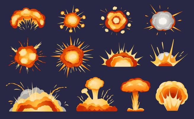Cartoon explosions. Atomic mushroom cloud, bomb explosion effect, fire blast smoke, dynamite detonation. Explosive burst, comic boom effects vector set