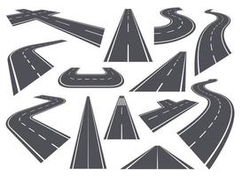 Curved roads. Perspective highway, bending or winding road, straight and curve pathway. Asphalt city streets with white markings vector set