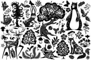 Scandinavian forest elements. Nordic scandi style deer, hare and bear, owl and fox, bird and oak tree, mushroom and leaves, fern vector set