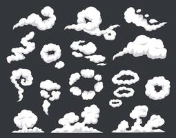 Comic smoke. Swirling clouds, puff of wind, steam, smog, dust, fog. Smoking vapors, fire smokes explosion blast cloud effect cartoon vector set