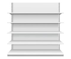 Store shelves. White empty supermarket shelf. Realistic front view showcase display for product advertising. Retail shelving vector template