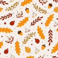 Autumn seamless pattern. Red or yellow dry fallen leaves, acorns, berries. Hand drawn foliage and fall forest nature elements vector background