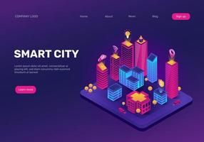 Isometric smart city landing page. Futuristic cityscape with abstract neon future buildings. Intelligent building technology vector web concept