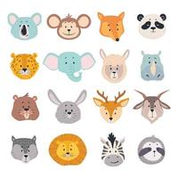 Animal heads. Cartoon faces of koala, monkey and fox, zebra. Cute panda, deer and lion, deer and rabbit, jaguar vector zoo avatars