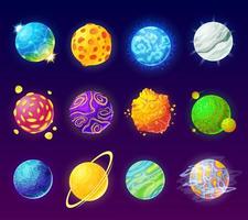 Fantasy planet. Cartoon fantastic alien planets, colorful magic worlds. Space galaxy universe cosmic elements for game design vector set