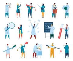 Scientist characters. Male and female scientists in white coats. Lab workers, researchers, chemists with laboratory equipment vector set