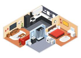 isométrica departamento. moderno Departamento interior diseño con dormitorio, vivo habitación, cocina, baño. 3d vector hogar interior diseño