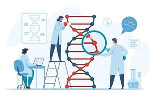 genético adn investigación. científicos investigando y analizando adn molécula en laboratorio. biotecnología, genoma Ingenieria vector concepto