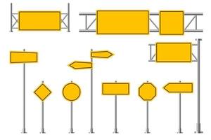 Yellow road signs. Blank street signage, highway traffic attention, safety boads. Empty round rectangular yellow signposts vector isolated set