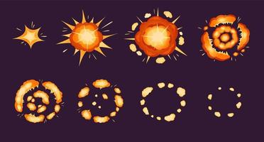 Explosion animation. Cartoon bomb exploding effect with smoke and particles. Fire blast frames, comic boom sprite sheet for games vector set