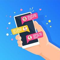 Phone with online chat. People chatting in smartphone messenger. Holding cellphone with chat bubbles, new text message notification vector concept