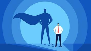 Businessman with superhero shadow. Successful and strong leader. Business success, confident leadership, ambition or power vector concept