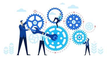 Business people with gears. Team working together turning gears. Teamwork, work organization, cooperation, business mechanism vector concept