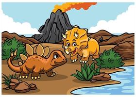 cartoon of triceratops and stegosaurs in the nature vector