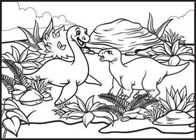colorante página de dibujos animados dinosaurios mundo vector