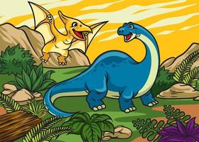 happy cheerful cartoon of brontosaurs and pterodactyl vector