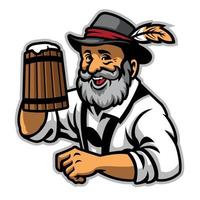 Old man and wooden glass of beer vector