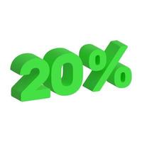 Sale 3D icon. Green matte 20 percent off vector sign. 3d realistic design element.