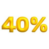 Sale 3D icon. Golden glossy 40 percent discount vector sign. 3d vector realistic design element.