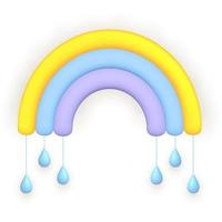 Rainbow and drops. Cute weather realistic icon. 3d cartoon. vector