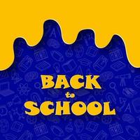 Funny abstract banner Back to school in paper cut style. Yellow text on blue background with school elements doodle pattern. vector