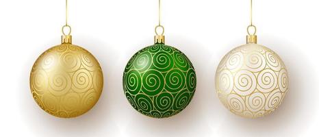 Christmas and New Year decor. Set of gold, white and green glass spiral ornament balls on ribbon. vector