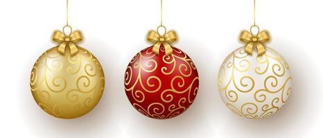 Christmas and New Year decor. Set of gold, white and red glass floral ornament balls on ribbon with bow. vector